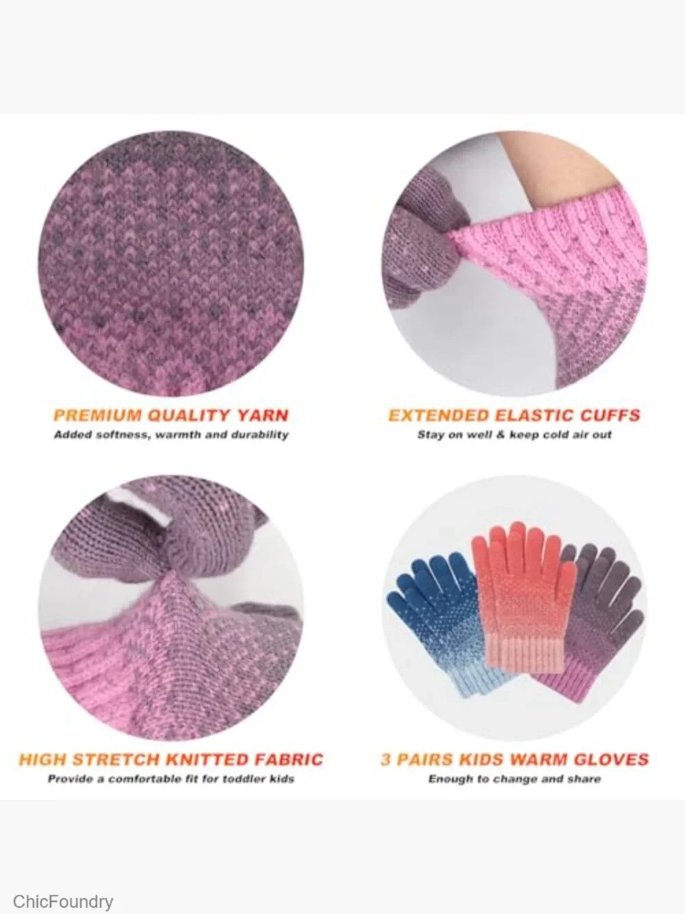 3 Pairs Toddler Kids Winter Knit Gloves Soft Wool Lined Full Finger